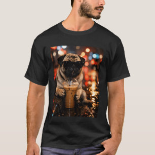 Camiseta Custo de Pug Engraçado Bebendo Café Gelado para Am