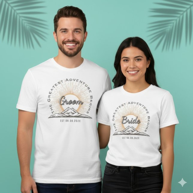 Camiseta Custom Bride Mountain Sun Adventure Begins WedDay  (Bride The Greatest Adventure Begins Vintage Mountain Wedding T-Shirt)