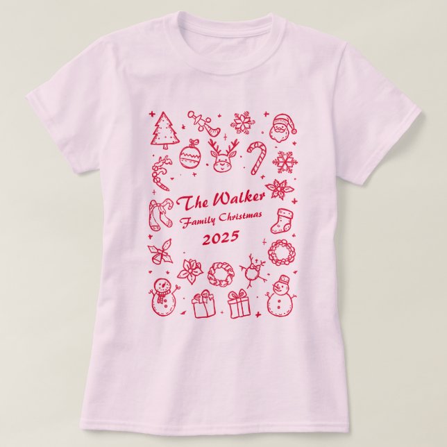 Camiseta Custom Family Year Christmas Hand Drawn Doodles (Frente do Design)