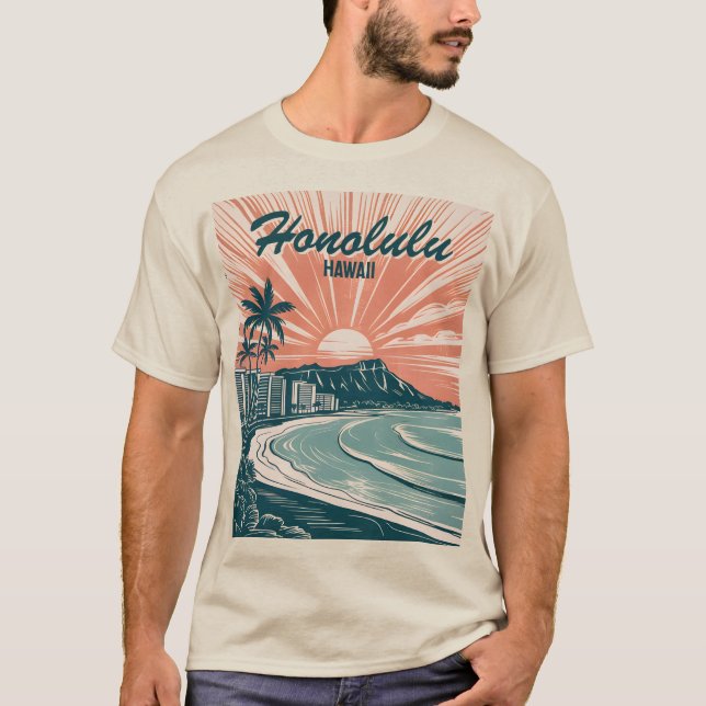 Camiseta Custom Hawaii Honolulu Waikiki Beach Retro Viagem (Frente)