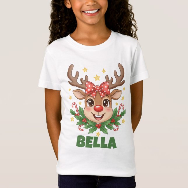 Camiseta Custom Name Reindeer Kids Christmas Tee (Frente)