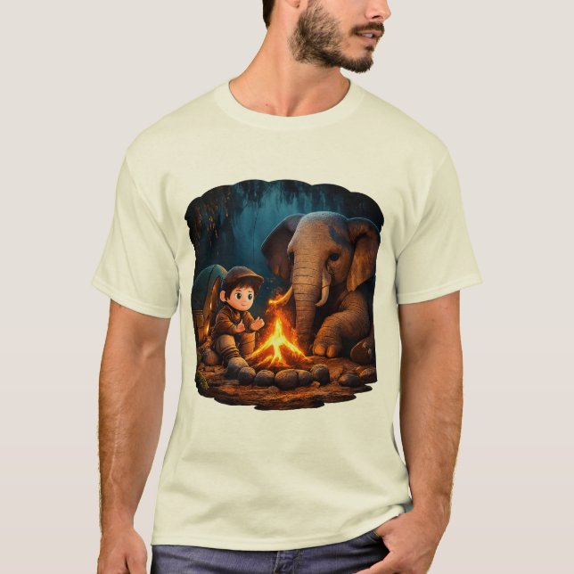 Camiseta “Cute 3D Boy & Elephant Campfire Sticker in Dark J (Frente)