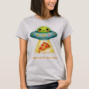 Camiseta Cute Alien Abduzindo Pizza Engraçado Amante de Com