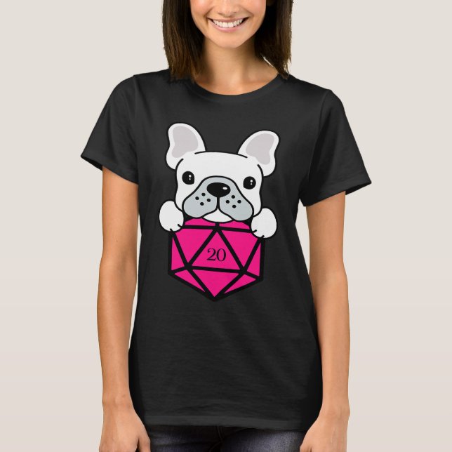 Camiseta Cute and Nerdy Dog Pink Polyhedral D20 Dice Set (Frente)