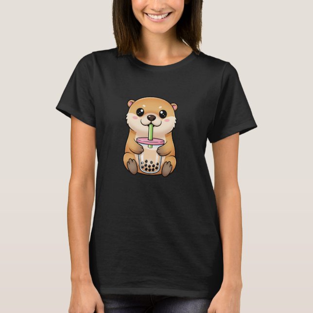 Camiseta Cute Anime Otter Drinking Boba Kawaii Bubble Tea L (Frente)