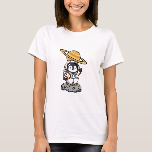 Camiseta Cute Astronaut Penguin Waving on Asteroid (Frente)