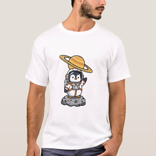 Camiseta Cute Astronaut Penguin Waving on Asteroid (Frente)