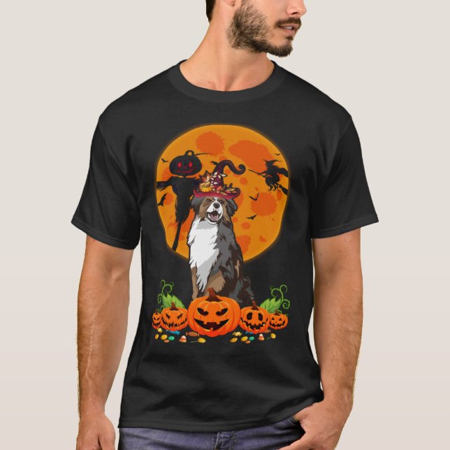 Camiseta Cute Australian Shepherd Dog Witch Pumpkin Hallowe (Frente)