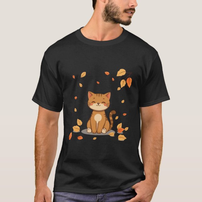 Camiseta Cute Autumn Ginger Cat Falling Leaves Art ✨🐾🍂 (Frente)