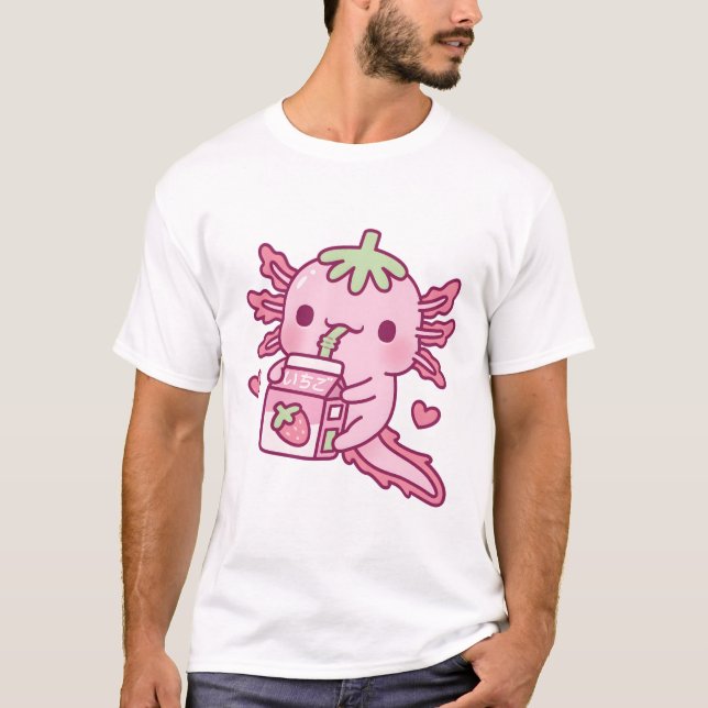 Camiseta Cute Axolotl ama leite de morango Bebendo (Frente)