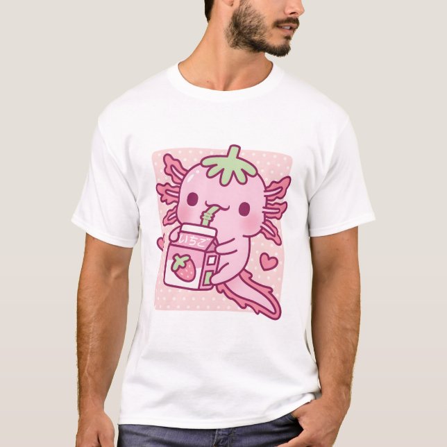 Camiseta Cute Axolotl ama leite de morango japonês (Frente)