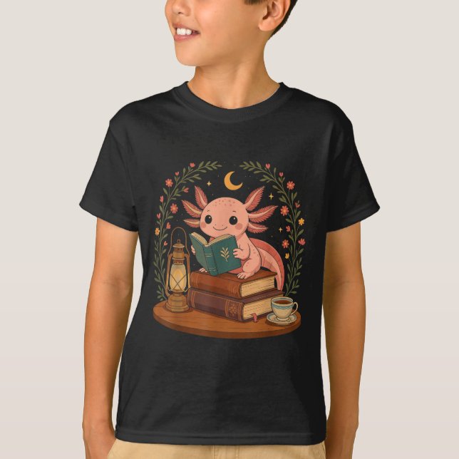 Camiseta Cute Axolotl Reading Books Cozy Bookworm  (Frente)