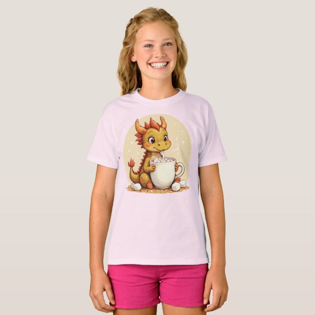 Camiseta Cute Baby Dragon Hot Chocolate Kids Kawaii Cozy De (Frente Completa)
