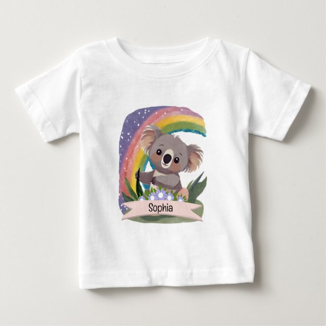 Camiseta Cute Baby Koala Rainbow Nome Personalizado (Frente)