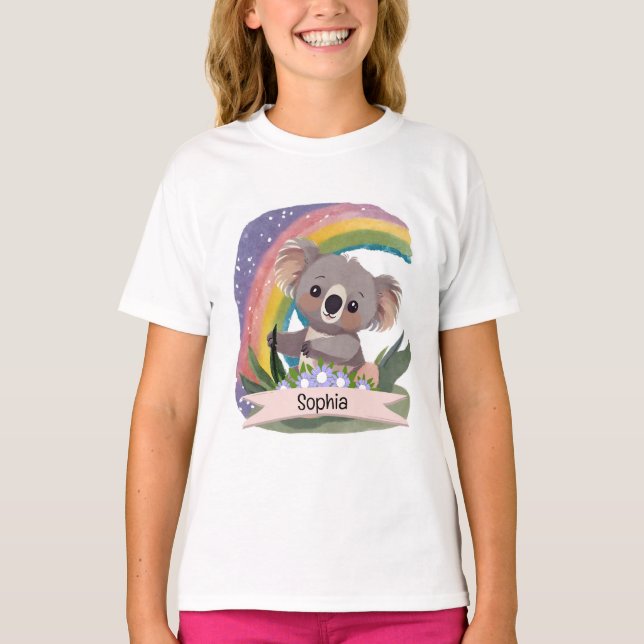 Camiseta Cute Baby Koala Rainbow Nome Personalizado (Frente)