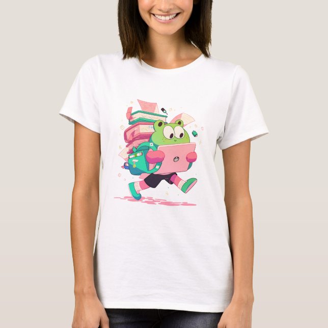 Camiseta Cute Back to School Frog with Books and Backpack (Frente)