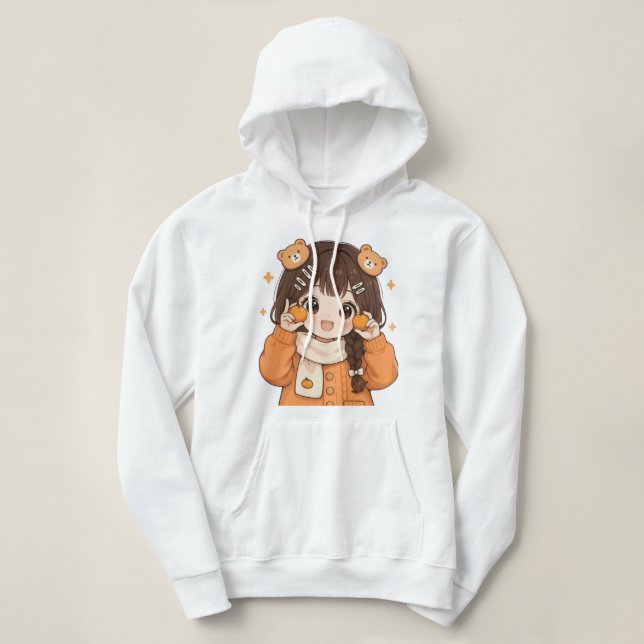Camiseta Cute Bear Girl Hoodie Cozy Anime Style Sweatshirt (Frente do Design)
