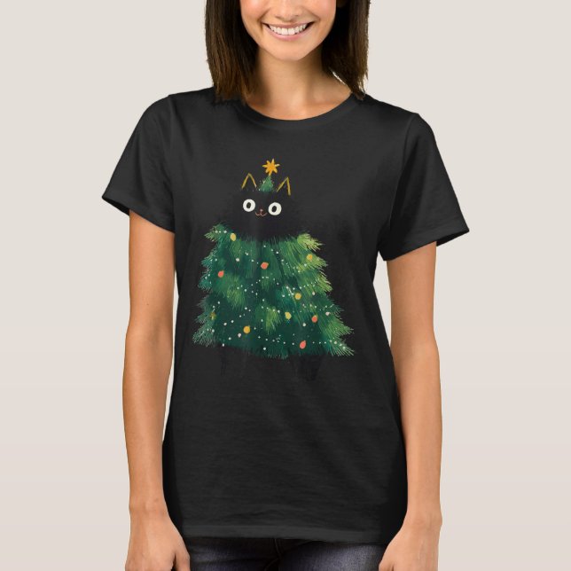 Camiseta Cute Black Cat Christmas Tree Funny Kitten Lover X (Frente)