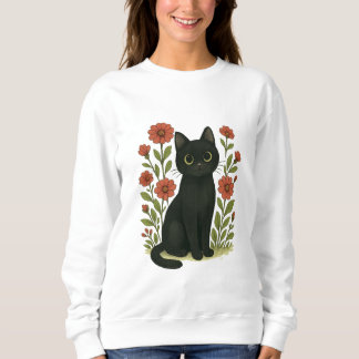 Camiseta Cute Black Cat & Flower Garden Women’s sweatshirt