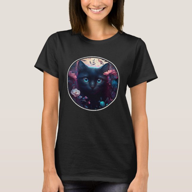 Camiseta Cute Black Cat Hiding in Spring Flowers Aesthetic  (Frente)