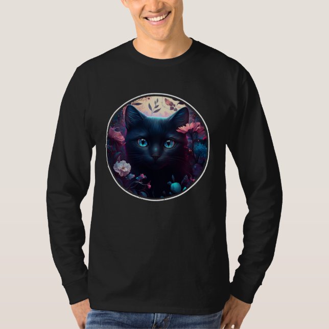 Camiseta Cute Black Cat Hiding in Spring Flowers Aesthetic  (Frente)
