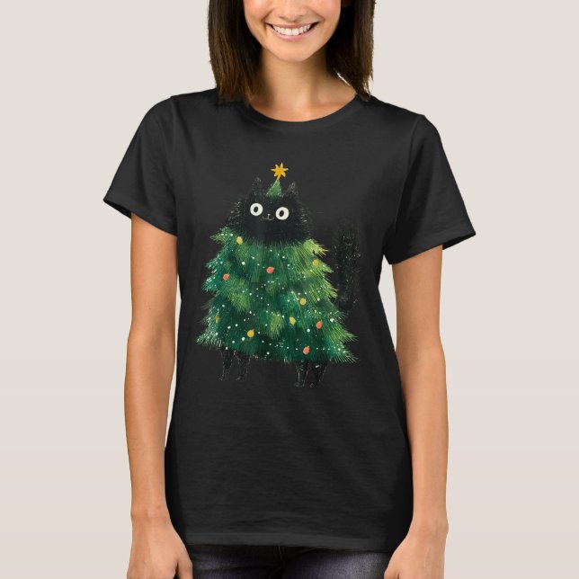 Camiseta Cute Black Cat In Christmas Tree Cat Lover Holiday (Frente)