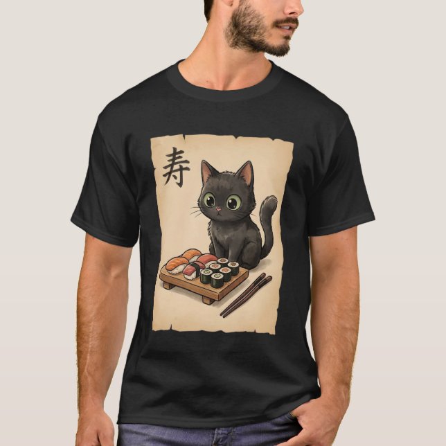 Camiseta Cute Black Cat Sushi Cartoon Japanese Kawaii Anime (Frente)