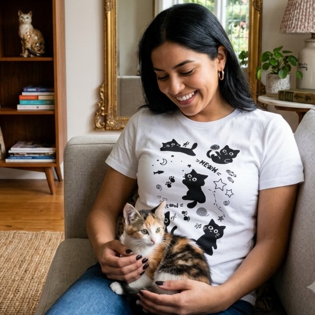 Camiseta Cute Black Cats Doodles Pattern Kawaii Meow (Criador carregado)