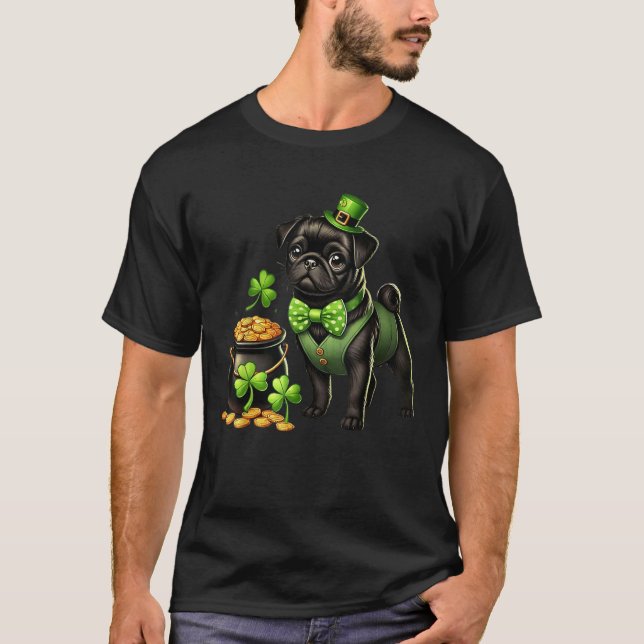 Camiseta Cute Black Pug Leprechaun St Patricks Day Shamrock (Frente)