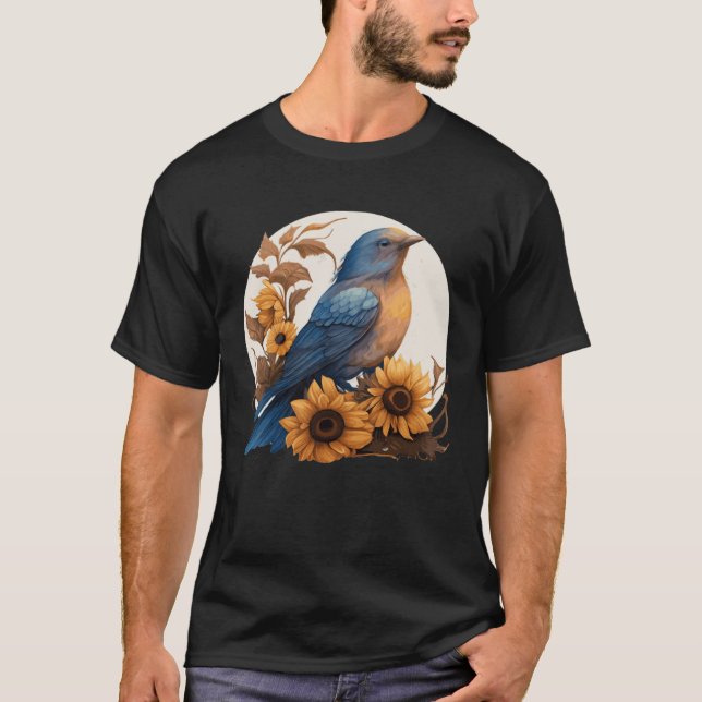 Camiseta Cute Bluebird Sunflower Floral Watercolor Bluebird (Frente)