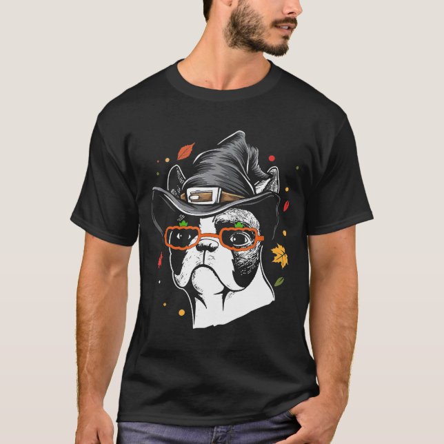 Camiseta Cute Boston Terrier With Witch Hat Halloween Costu (Frente)