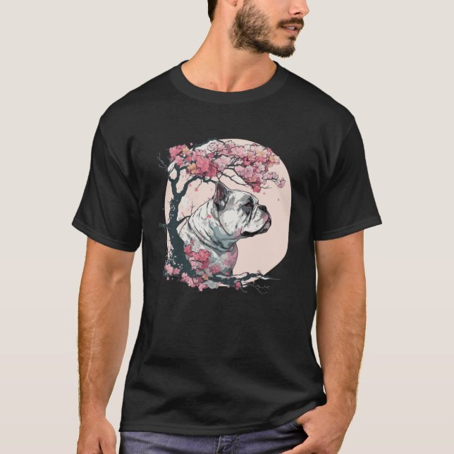 Camiseta Cute Bulldog Cherry Blossom Dog Breed Japanese Wat (Frente)