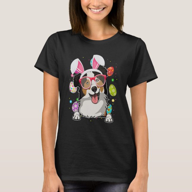 Camiseta Cute Bunny Australian Shepherd Dog Face Easter Egg (Frente)