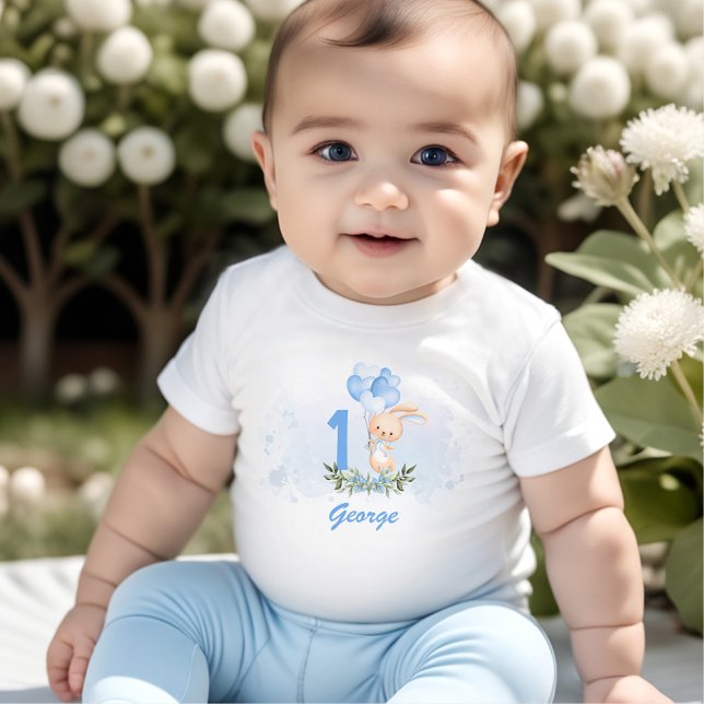 Camiseta Cute Bunny Blue Nome primeiro aniversario Greenery (Cute Bunny Blue 1st Birthday Boy Greenery Spring Baby T-Shirt)