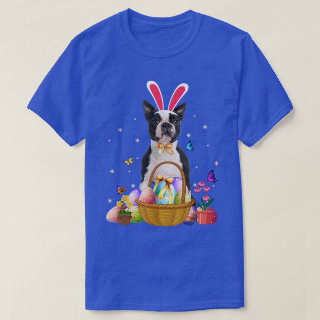Camiseta Cute Bunny Boston Terrier Dog Easter Eggs Basket E (Frente do Design)