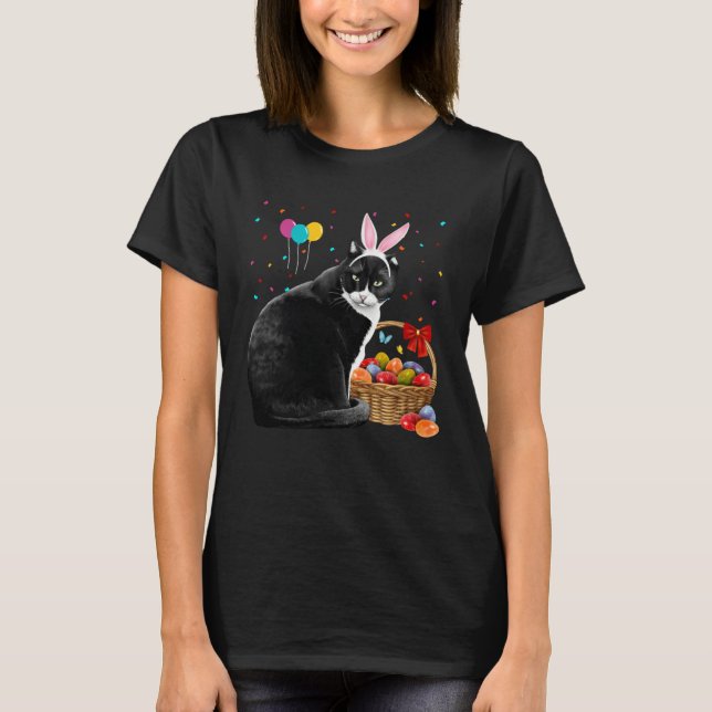 Camiseta Cute Bunny Cat With Easter Egg Basket Happy Easter (Frente)