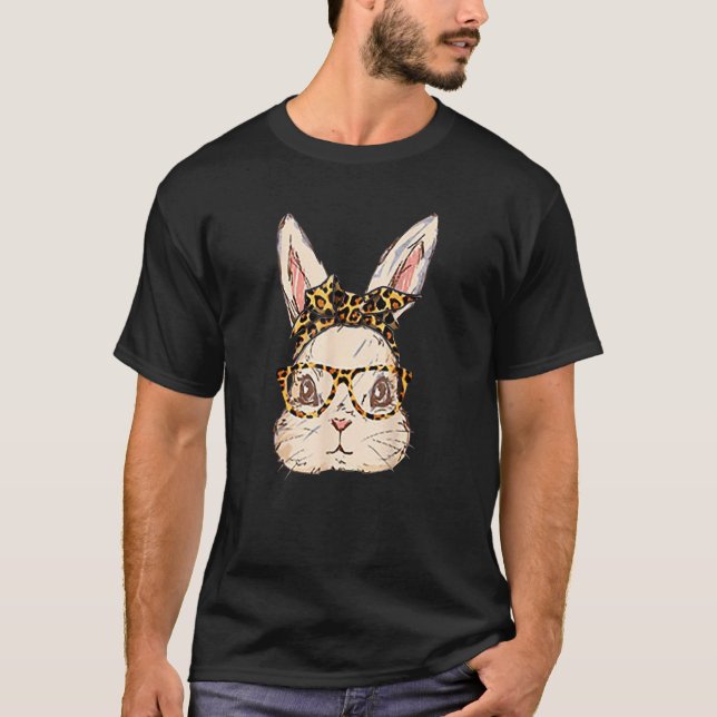 Camiseta Cute Bunny Leopard Messy Bun Glasses Bubblegum Eas (Frente)
