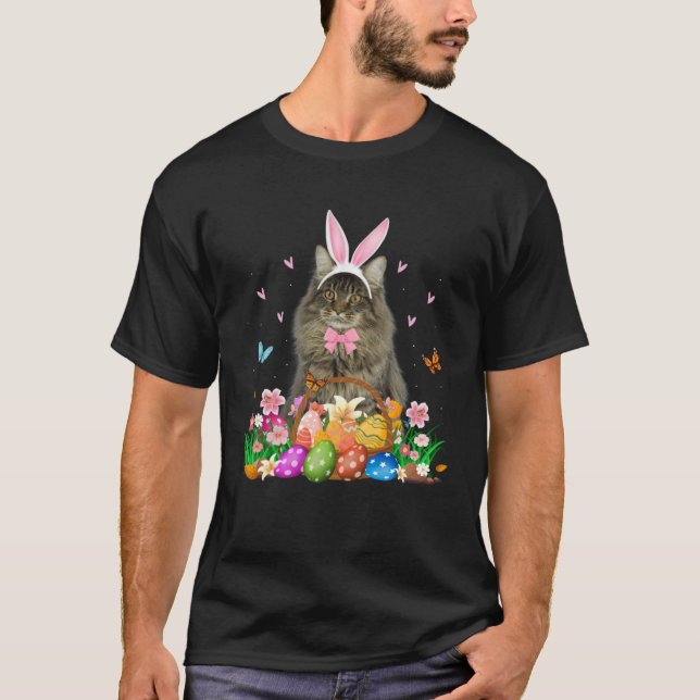 Camiseta Cute Bunny Maine Coon Cat With Easter Egg Basket E (Frente)