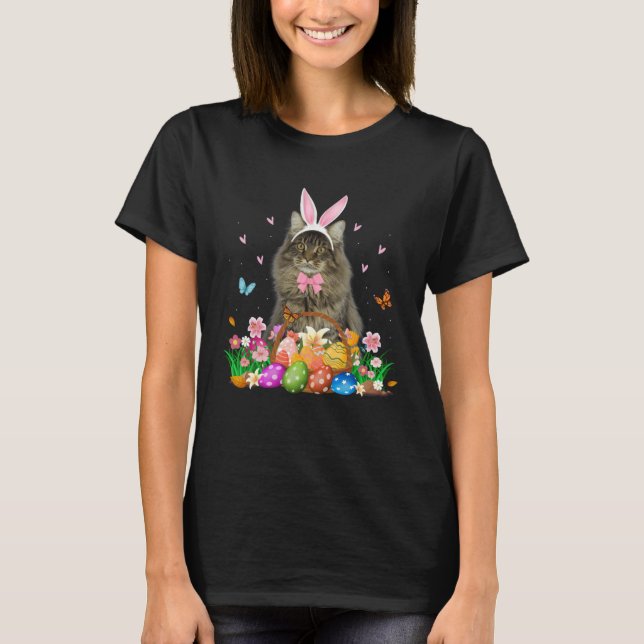 Camiseta Cute Bunny Maine Coon Cat With Easter Egg Basket E (Frente)