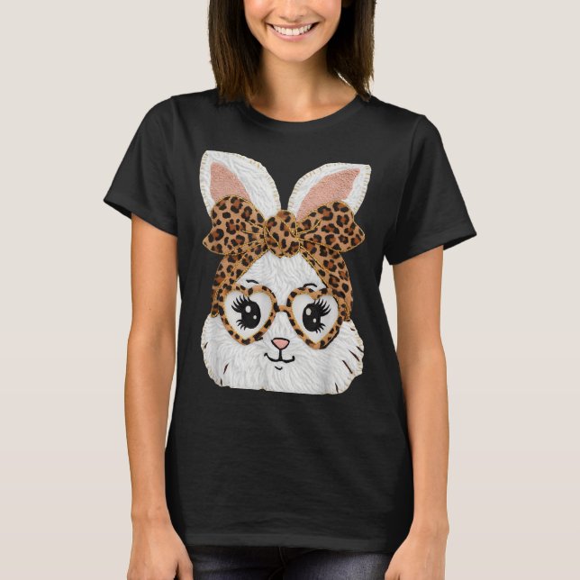 Camiseta Cute Bunny Rabbit Face Leopard Gles Girl Happy Eas (Frente)