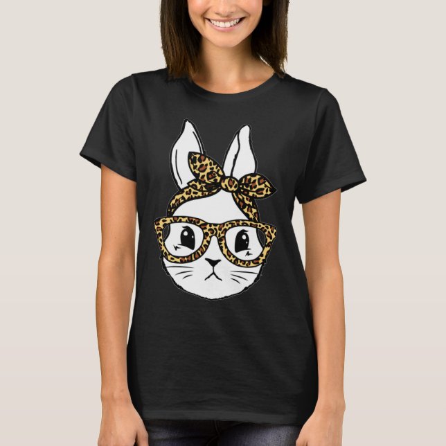 Camiseta Cute Bunny Rabbit Face Messy Bun Leopard Glasses G (Frente)