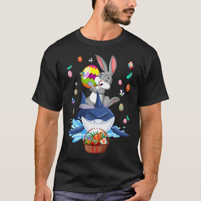 Camiseta Cute Bunny Ride Shark & Easter Eggs Easter Day Kid (Frente)