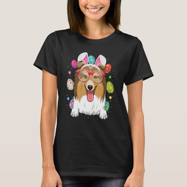 Camiseta Cute Bunny Shetland Sheepdogs Dog Face Easter Eggs (Frente)