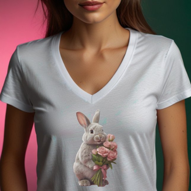 Camiseta  “Cute Bunny with Pink Roses” Adorable Art Design (Criador carregado)