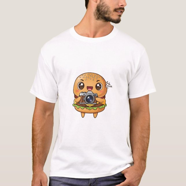 Camiseta Cute Burger Photographer Cartoon with Retro Camera (Frente)