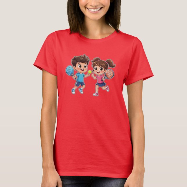 Camiseta Cute Cartoon Boy and Girl Playing Padel Tennis – F (Frente)