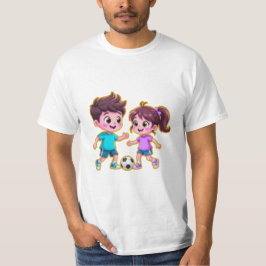 Camiseta Cute Cartoon Boy and Girl Playing Soccer Together 