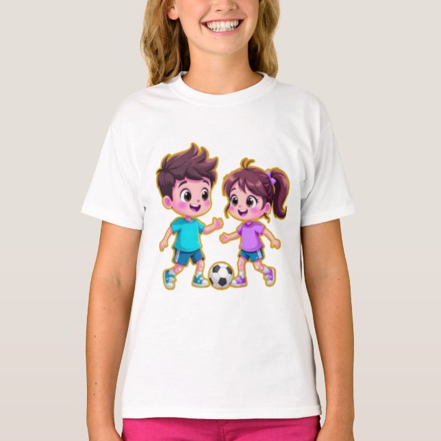 Camiseta Cute Cartoon Boy and Girl Playing Soccer Together  (Frente)