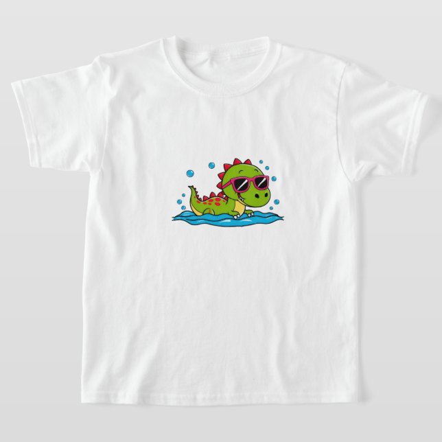Camiseta Cute Cartoon Dinosaur Swimming with Sunglasses  (Postura )