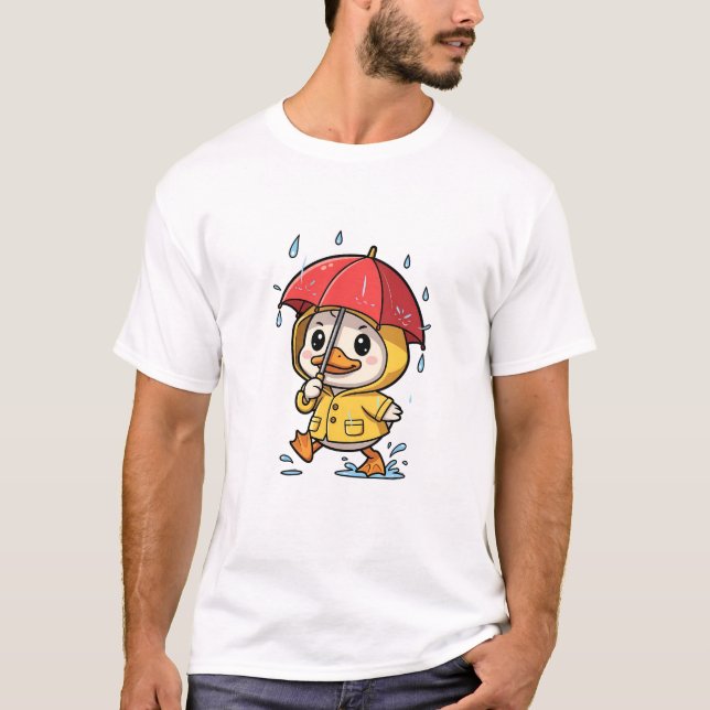 Camiseta Cute Cartoon Duck Walking in Rain (Frente)